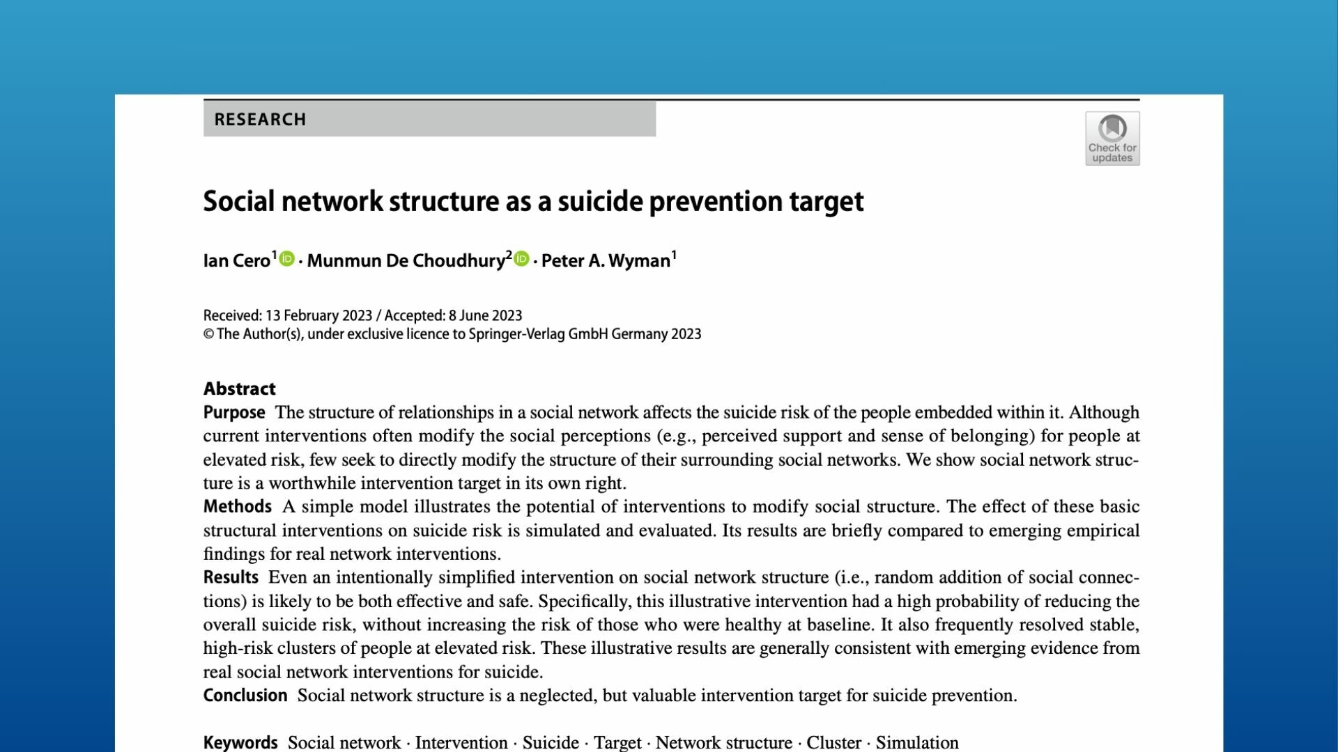 Social network structure as a suicide prevention target