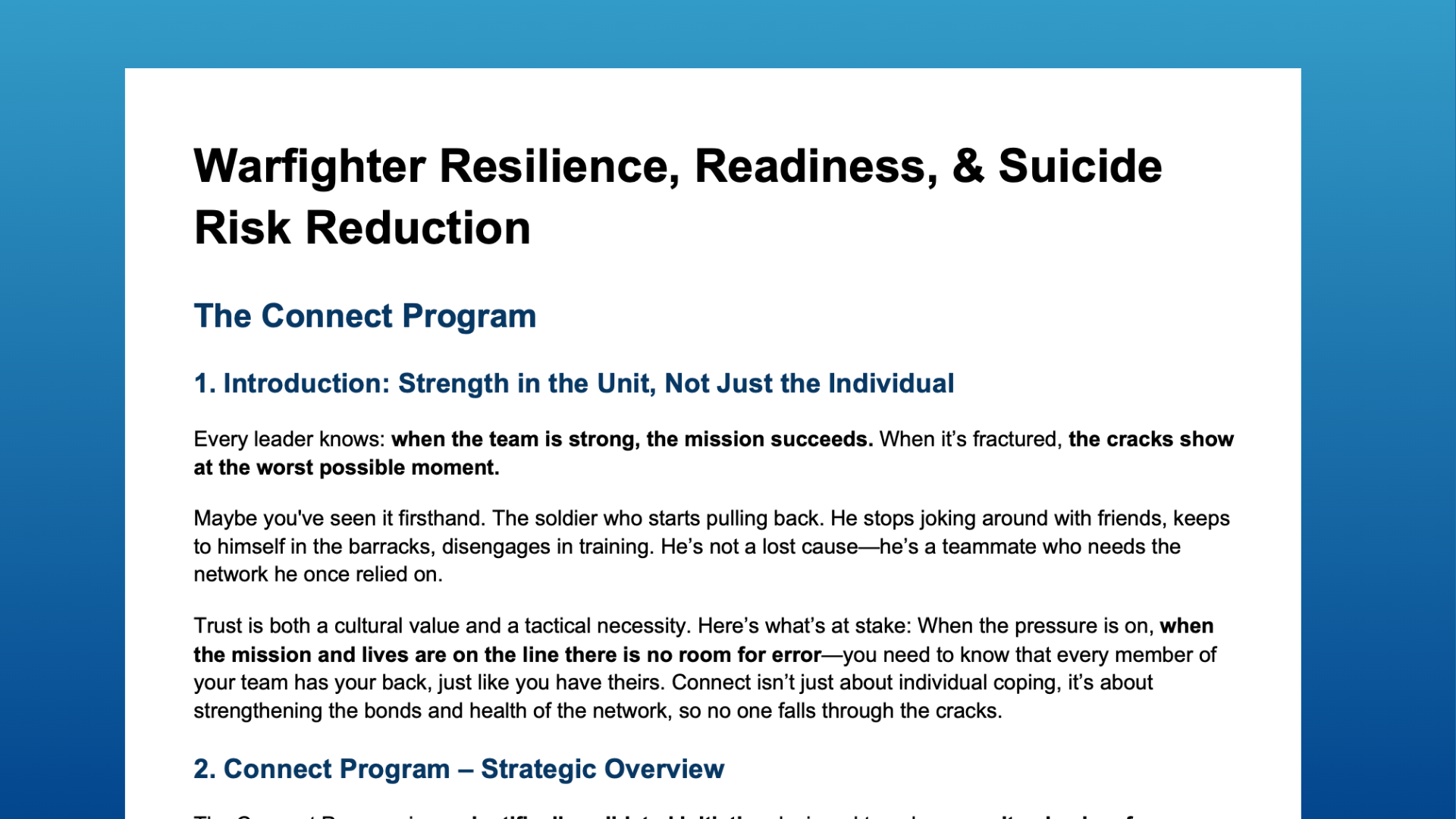Warfighter Resilience Readiness Suicide Risk Reduction